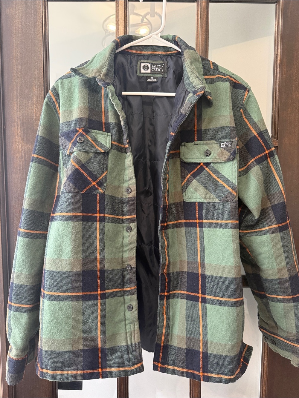Salty Crew Green Plaid Quilted Button-Up Shirt Jacket with Orange Trim